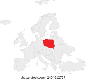 Red CMYK national map of POLAND inside gray blank political map of European continent on transparent background using Robinson projection