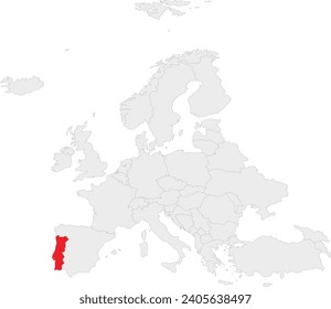 Red CMYK national map of PORTUGAL inside gray blank political map of European continent on transparent background using Robinson projection