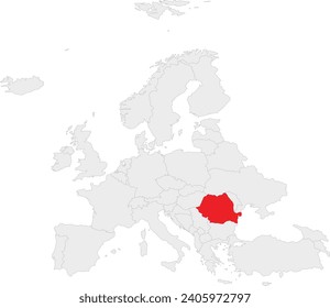 Red CMYK national map of ROMANIA inside gray blank political map of European continent on transparent background using Robinson projection
