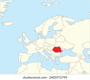 Mapa nacional rojo CMYK de ROMANIA dentro del mapa político simplificado en blanco beige del continente europeo sobre fondo azul usando la proyección Winkel Tripel