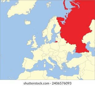 Mapa nacional del CMYK rojo de la FEDERACIÓN RUSA (parte europea) dentro del mapa político detallado en blanco beige del continente europeo sobre fondo azul usando la proyección Mollweide