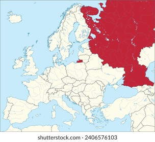 Mapa nacional del CMYK rojo de la FEDERACIÓN RUSA (parte europea) dentro de un mapa político detallado en blanco beige del continente europeo con ríos y lagos sobre fondo azul usando proyección Mercator