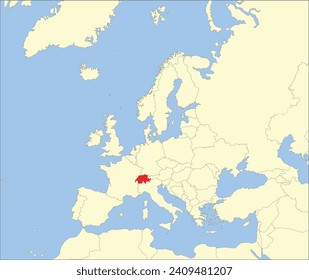 Red CMYK national map of SWITZERLAND inside detailed beige blank political map of European continent on blue background using Mollweide projection