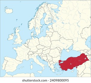 Red CMYK national map of TURKEY-TURKIYE inside detailed beige blank political map of European continent with rivers and lakes on blue background using Mercator projection