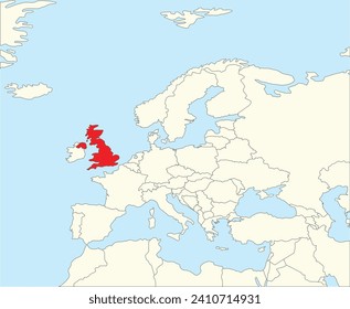 Mapa nacional del CMYK rojo del REINO UNIDO dentro del mapa político en blanco y beige simplificado del continente europeo sobre fondo azul usando la proyección de Winkel Tripel