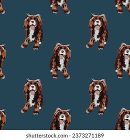 Red cocker spaniel pattern. Big dogs on a dark background. Cute chocolate fur spaniel.  Holiday present wallpaper, dog fun. Tan smiling happy dog icon, repeatable pattern. Decoration graphic.