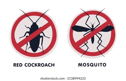 Red Cockroach and Mosquito Warning or Prohibition Sign with Cross Line Vector Set