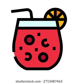 Icono de bebida de cóctel rojo que presenta una bebida estilizada con una pajita y una rebanada de cítricos, que simboliza el refrigerio, la celebración y el ocio de verano en un estilo gráfico vibrante