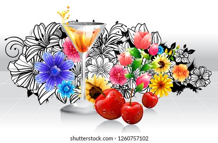 Red Cocktail and cherry fruits with flora design