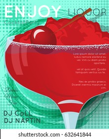 Red cocktail with crushed ice and cherry on halftone with grunge circle close up.Cocktail illustration on bright contemporary flat background. 