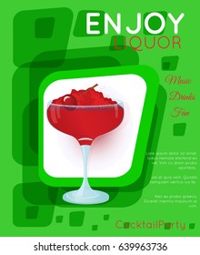 Red cocktail with crushed ice and cherry on green rectangles. Cocktail illustration on bright contemporary flat background..