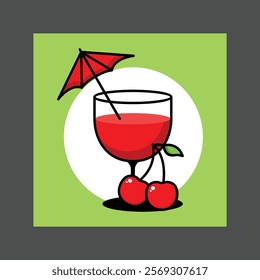 A red cocktail drink with a cherry garnish and a red and white umbrella, on a green background