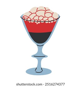 Red cocktail drink for halloween party, vector illustration of bubbling witch brew in fancy drinking glass, spooky margarita or martini for gothic celebrations, autumn bar menu,colored clipart