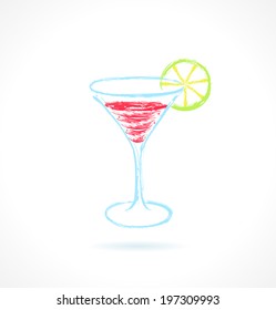 Red cocktail with lime. Ink vector illustration