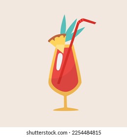 Red cocktail with straw and pineapple slice vector illustration. Cartoon drawing of refreshing juice isolated on beige background. Summer, vacation or holiday, beverage concept