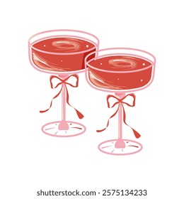 Red cocktails in festive glasses with bows, isolated on a white background. Drinks for weddings, holiday parties, Christmas, birthday, menus. Vector illustration.