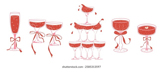 Red cocktails in festive glasses with bows. A tower of glasses. Drinks for weddings, bachelorette parties, Christmas, party, birthday and Valentine's day, menu. Vector illustration. Isolated.