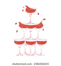 Red cocktails or wine in festive glasses with splashes. A tower of glasses. Drinks for weddings, bachelorette parties, Christmas, party, birthday,Valentine's day, menu. Vector illustration. Isolated