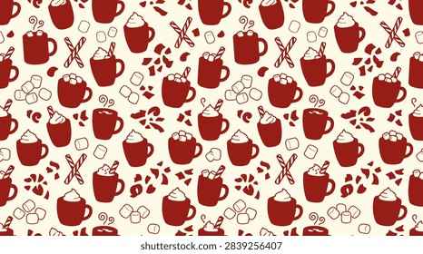 Red cocoa mugs with marshmallows pattern. Great for winter cafe branding, holiday textiles, and cozy surface design.