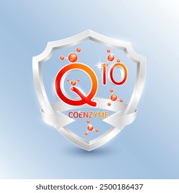 Red coenzyme Q10 in silver shield with atom molecules surrounded by arrows. Nutrients necessary for building immunity and protect the body stay healthy. For nutrition products food. 3D Vector.