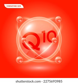 Solución de coenzima rojo Q10. Sustancia para cosméticos de belleza con fórmula química de la naturaleza. Cuidados de la piel de colágeno y ácido hialurónico. Concepto científico médico. Vector Realista 3D.