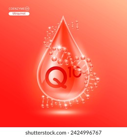 Coenzima roja Q10 rodeada de ADN. Agua gota suero solución de colágeno hidratante ácido hialurónico complejo de vitaminas de la naturaleza cuidado esencial de la piel. Para anuncios de loción de crema cosmética. Vector EPS10.