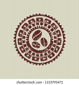 Red coffee bean icon inside distressed rubber stamp with grunge texture