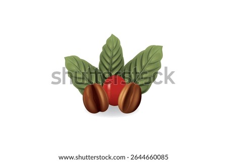 Red coffee cherry and two coffee beans with three green leaves on white background.
