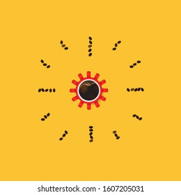 Red coffee cup and coffee beans clock on yellow background