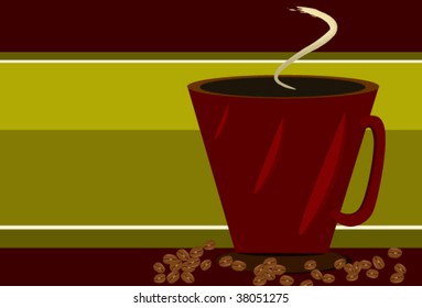 Red Coffee cup and coffee beans on Green background