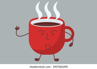 red coffee cup cartoon character in flat style.