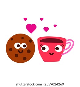 Red coffee cup and chocolate cookie. Romantic scene. Design for Valentine's day. Flat illustration on white background.