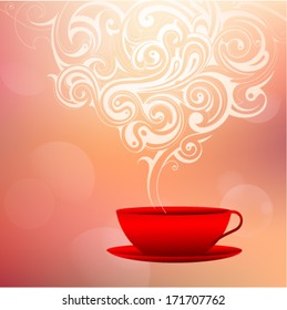 Red coffee cup with decorative steam aroma ornament