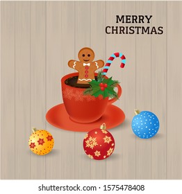 Red coffee cup with gingerbread man cookie and candy cane decorated green leafs, boughs spruce and snowfalls near Christmas balls on wooden background. Merry Christmas vector concept.