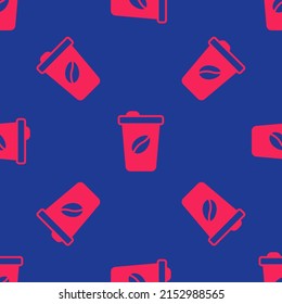 Red Coffee cup to go icon isolated seamless pattern on blue background.  Vector