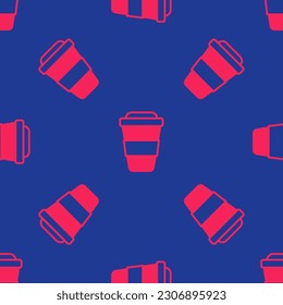 Red Coffee cup to go icon isolated seamless pattern on blue background.  Vector
