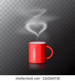 Red coffee cup with heart made of steam. Valentine day vector romantic collage with hot drink and love symbol