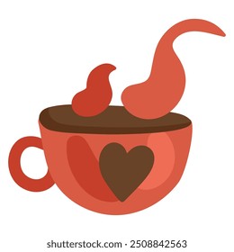 Taza de café roja con el corazón adornado. Cocine al vapor sobre la taza de bebida caliente. Ilustración acogedora de color simple. Vector de dibujos animados dibujado a mano aislado sobre fondo blanco