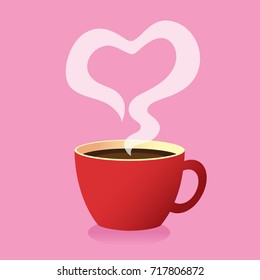 Red coffee cup with heart steam on pink background, Love concept idea, Vector illustration