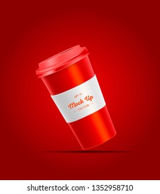 Red coffee cup with holder mockup on red background. Mock up. Mock-up. Coffee away. Coffee to go. Vector branding illustration.