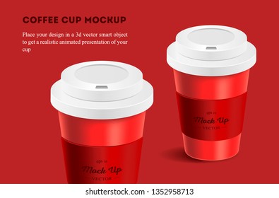 Red coffee cup with holder mockup on red background. Mock up. Mock-up. Coffee away. Coffee to go. Vector branding illustration.