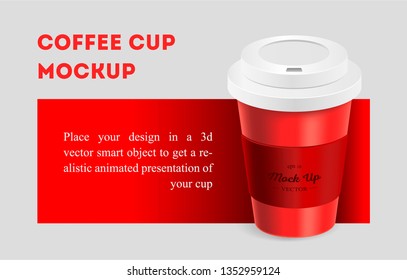 Red coffee cup with holder mockup on red background. Mock up. Mock-up. Coffee away. Coffee to go. Vector branding illustration.