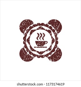 Red coffee cup icon inside distressed rubber stamp