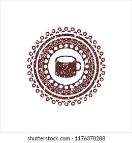 Red coffee cup icon inside distressed rubber stamp with grunge texture