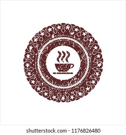 Red coffee cup icon inside distressed rubber grunge stamp