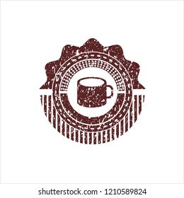 Red coffee cup icon inside distress rubber stamp with grunge texture
