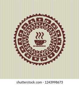 Red coffee cup icon inside distressed rubber stamp