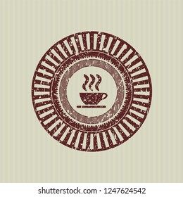 Red coffee cup icon inside distressed rubber grunge texture stamp