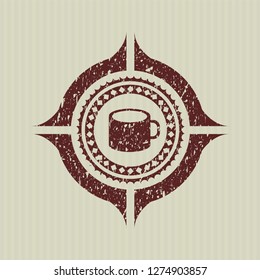 Red coffee cup icon inside distressed with rubber seal texture