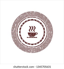 Red coffee cup icon inside distress with rubber seal texture